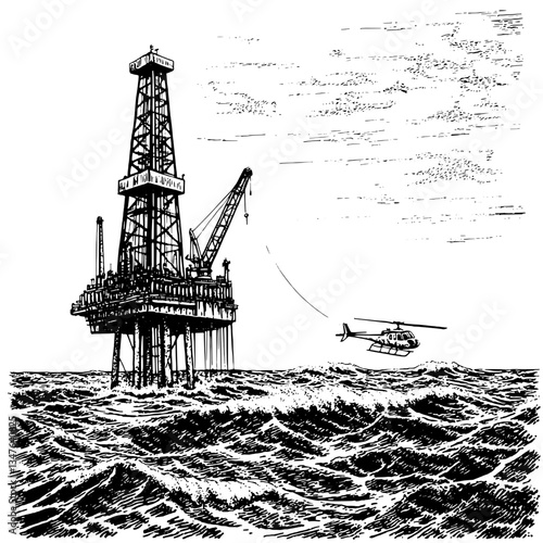 Engraved illustration of an offshore oil rig surrounded by turbulent waves and a helicopter in flight over the open sea