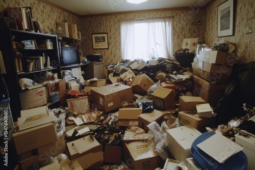 A hoarder's room is overflowing with boxes, electronics, office equipment, household goods, and an array of miscellaneous trash