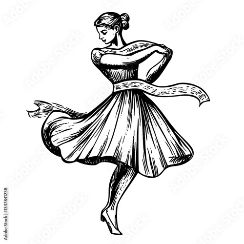Elegant vintage illustration of a dancer gracefully twirling in a flowing dress with a ribbon, showcasing intricate hand-drawn details
