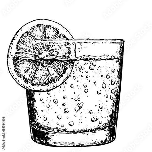Engraved illustration of a refreshing drink with a lemon slice enhancing its vintage appeal