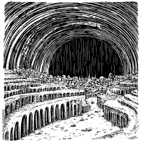 Engraved illustration of a vast underground city with intricate archways and a dramatic overhead dome