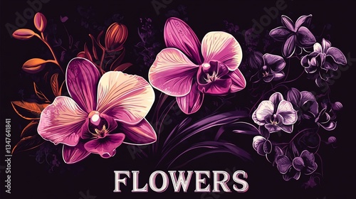 Pink orchids bouquet, dark background, floral design, website banner
