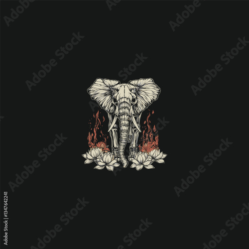 Elephant skeleton standing with floral design vector template illustration