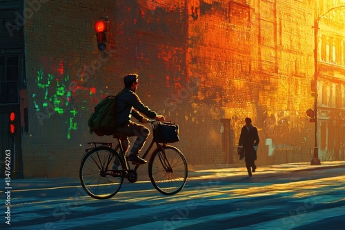 Wallpaper Mural A cyclist with a backpack rides past a pedestrian on a sun-drenched city street at sunset. Torontodigital.ca