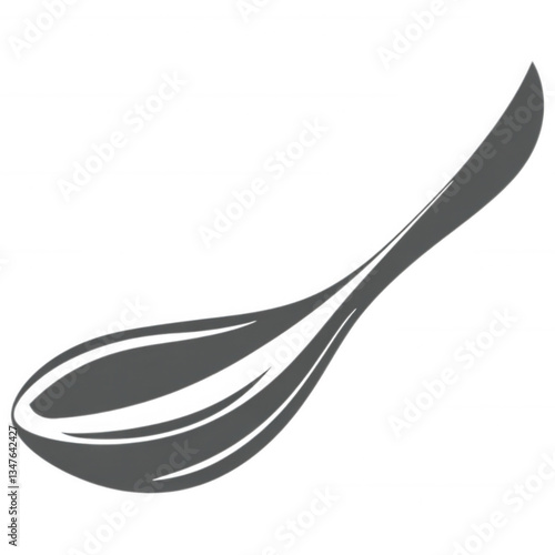 Simple vector spoon icon in black and white with curved handle design, minimal cutlery illustration perfect for food apps or kitchen tools
