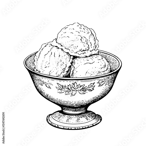 Elegant engraved illustration of a vintage ice cream bowl filled with three delectable scoops of dessert