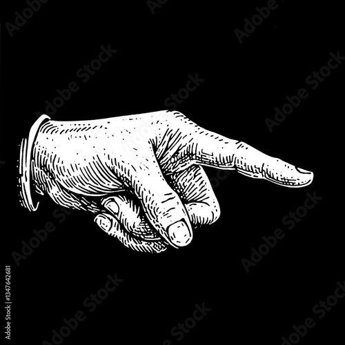 Intricate hand-drawn engraved illustration of a pointing finger capturing vintage charm and artistic flair
