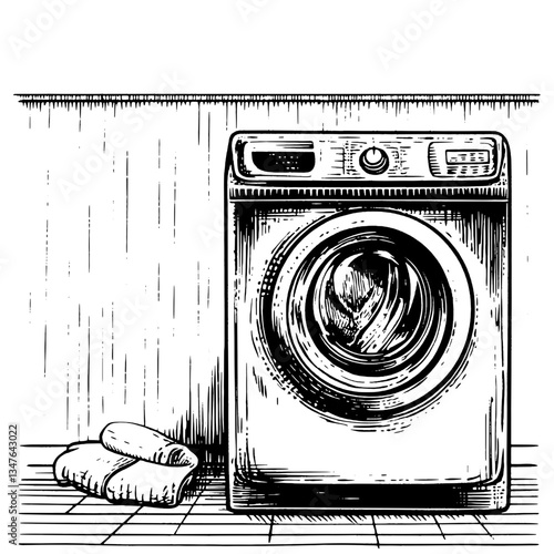Detailed illustration of a vintage washing machine with towels in a cozy laundry space