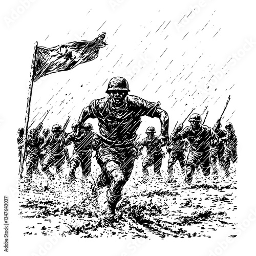 Engraved illustration of soldiers charging through rain with determination and courage in a vintage style