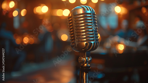 Retro close-up microphone under warm stage lights against the blurred atmosphere in the restaurant.