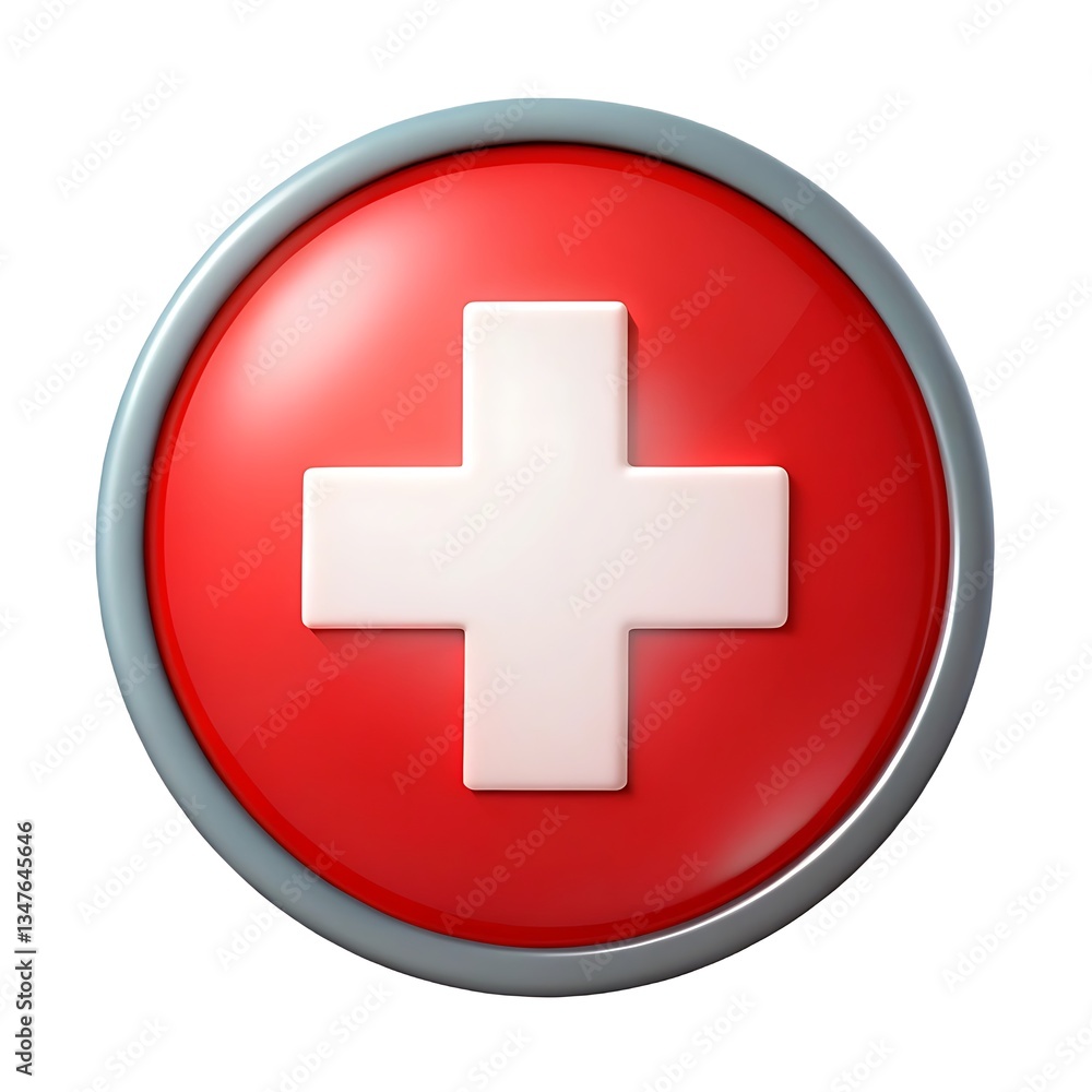 A bold red circle with a prominent white cross symbolizing healthcare, hope, and medical assistance, a glossy 3D button design. A bold red circle with a prominent white cross symbolizing healthcare, hope, and medical assistance, a glossy 3D button design.