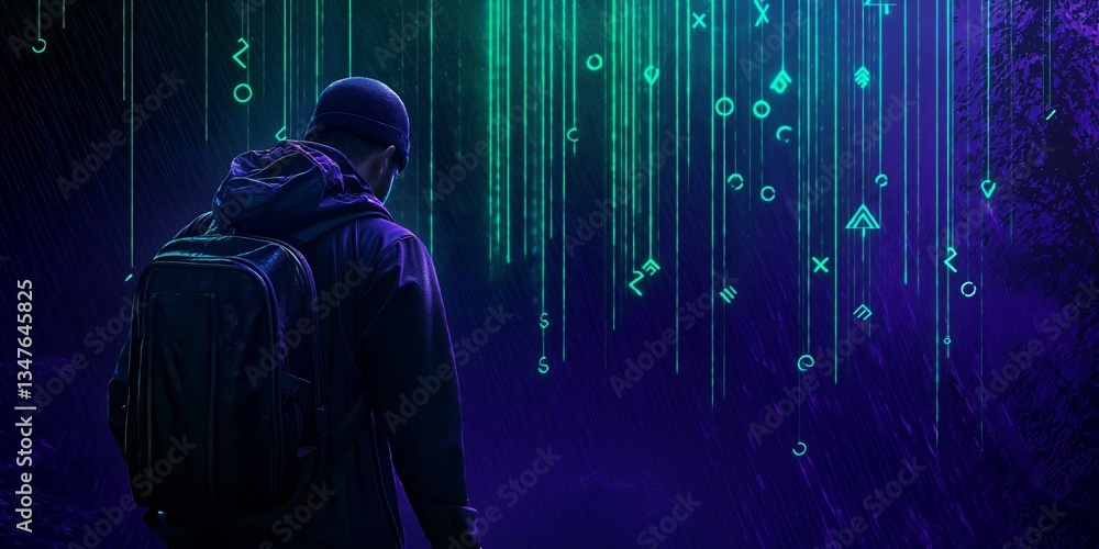 Obraz premium Hacker with backpack walking in forest at night observing augmented reality made of falling digital rain of code, symbols and futuristic data