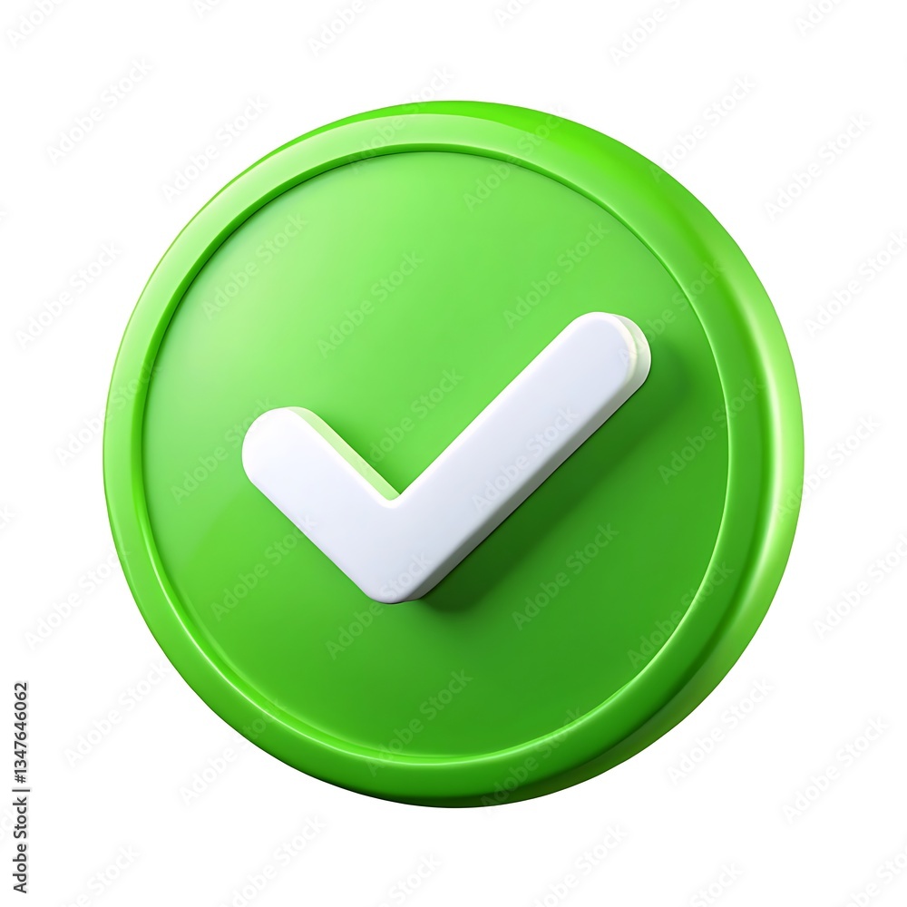 A vibrant green circle proudly displays a crisp white checkmark symbolizing completion, success, and approval in a clean, 3D design. A vibrant green circle proudly displays a crisp white checkmark symbolizing completion, success, and approval in a clean, 3D design.