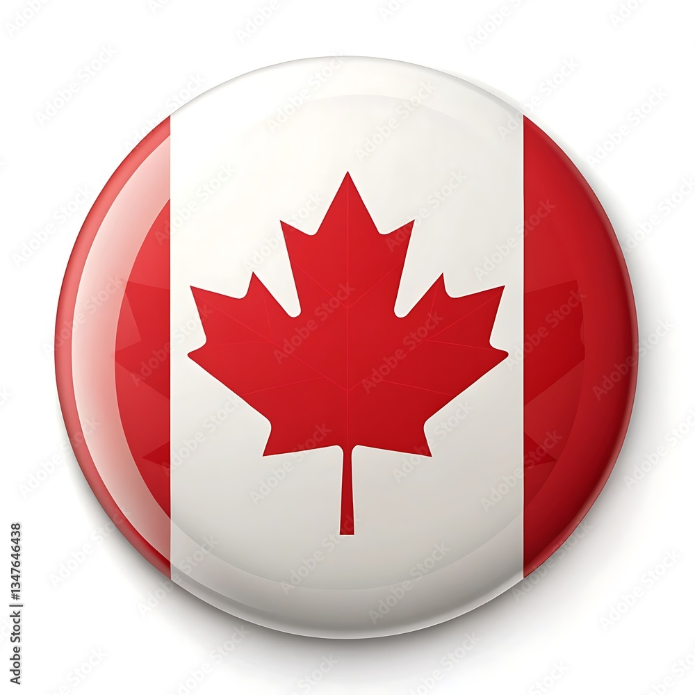 A vibrant Canadian flag button, proudly displaying the maple leaf symbol of national pride and unity, showcasing a glossy, circular design. A vibrant Canadian flag button, proudly displaying the maple leaf symbol of national pride and unity, showcasing a glossy, circular design.