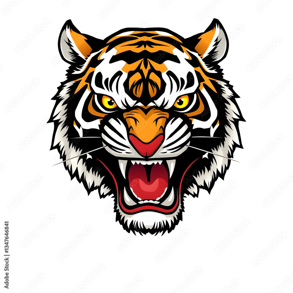 The Fierce Roar: A tiger's head roars with open mouth, showcasing the animal's powerful presence and striking colors The Fierce Roar: A tiger's head roars with open mouth, showcasing the animal's powerful presence and striking colors