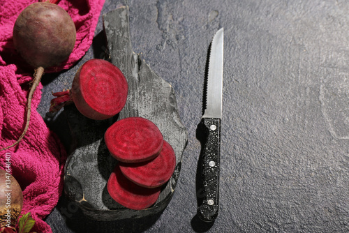 Freshly sliced red beets on...