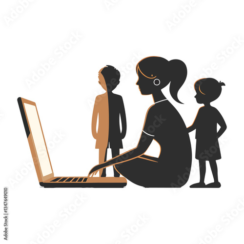 Mother Using Laptop with Children Embracing Technology and Family Life
