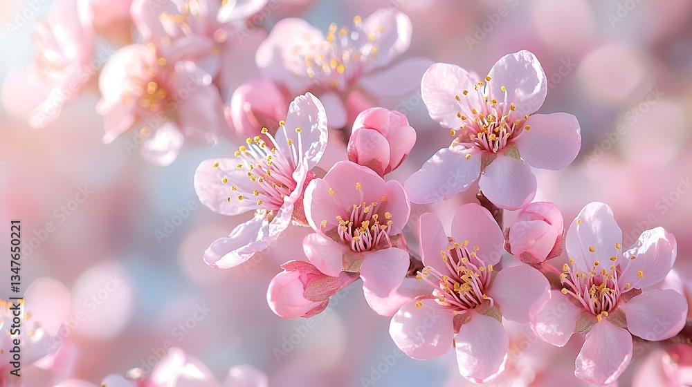 Naklejka premium Pink cherry blossoms blooming in spring, soft focus background, perfect for spring greetings or nature websites