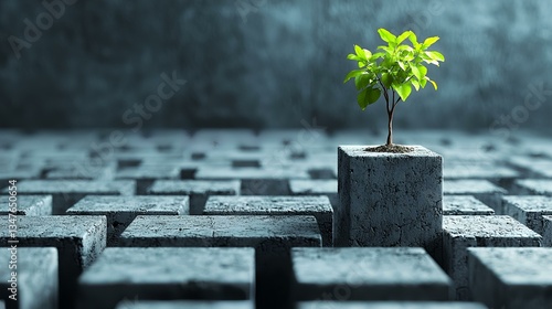 Sapling growing concrete maze; sustainable future; environmental concept; website banner