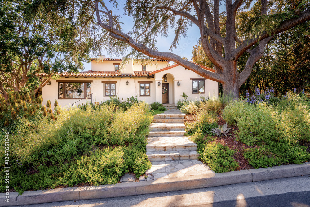 Countryside style homes surrounded with rich greenery and landscape with trees and blue sky within a Southern California neighborhood