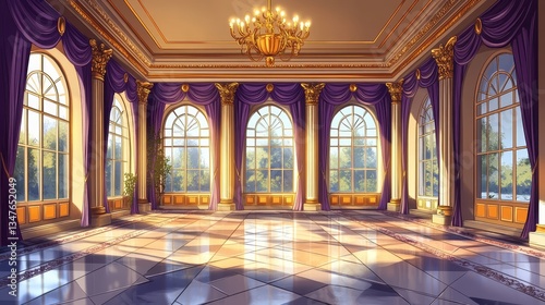 A modern cartoon illustration of a palace ballroom, complete with windows, curtains, columns, and gold chandeliers, is depicted in a royal castle setting