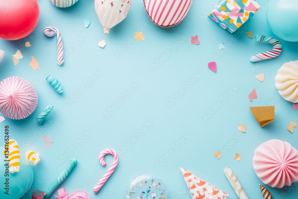 A birthday party banner or background featuring a colorful balloon, gift, carnival cap, confetti, candy, and streamer, presented in a flat lay style with copy space for greeting text A birthday party banner or background featuring a colorful balloon, gift, carnival cap, confetti, candy, and streamer, presented in a flat lay style with copy space for greeting text