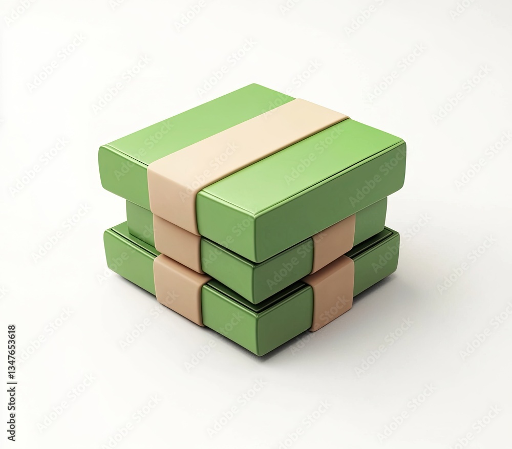 Two green gift boxes stacked, secured with beige tape, on white background. Two green gift boxes stacked, secured with beige tape, on white background.