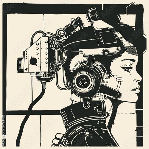 Striking black and white vector illustration of a cyberpunk female profile with futuristic headset and mechanical components, blending human and machine elements in a contemporary digital art style