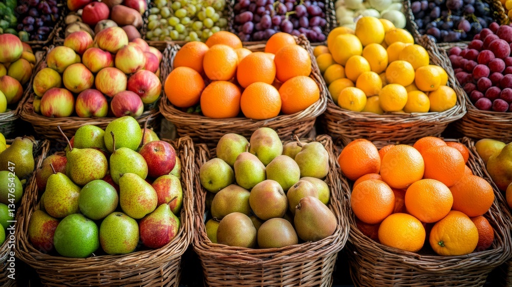 A wide-angle shot of a fresh fruit display featuring apples, oranges, and pears, arranged neatly in basketsFresh, red apples and green vegetables fill a market stall, a healthy produce basket A wide-angle shot of a fresh fruit display featuring apples, oranges, and pears, arranged neatly in basketsFresh, red apples and green vegetables fill a market stall, a healthy produce basket
