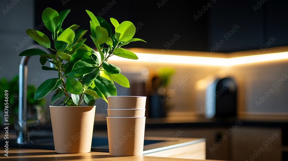 Kitchen Greenery: A Peaceful Modern Kitchen Setting with Lush Plants Kitchen Greenery: A Peaceful Modern Kitchen Setting with Lush Plants