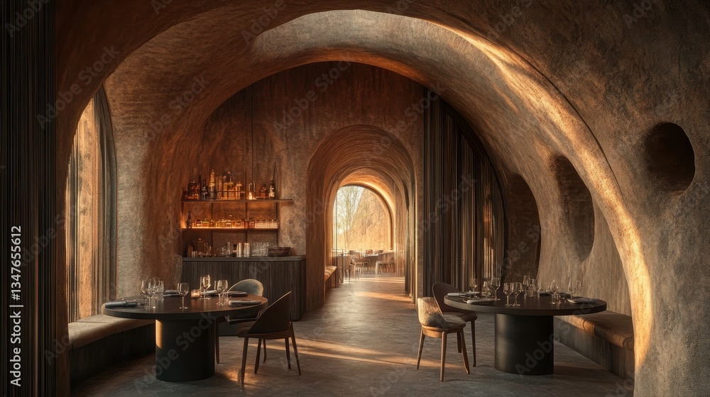 Obraz premium In a contemporary restaurant, tables are set with glasses, as illustrated in a 3d rendering