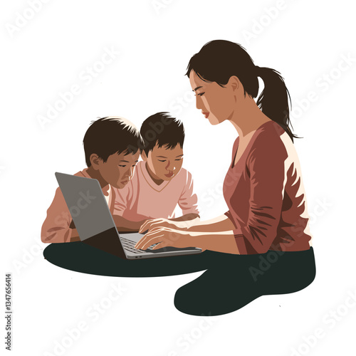 Mother and Two Children Learning Together on Laptop: Family Digital Interaction