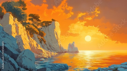Golden sunset over Mediterranean coastline with rocky cliffs and calm waters