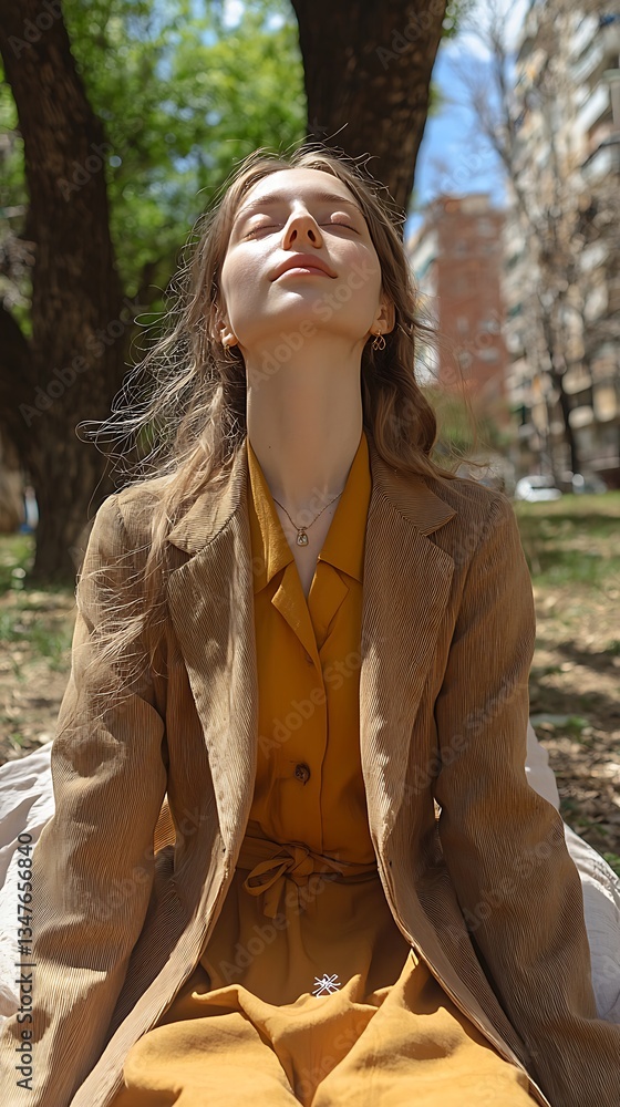 Woman Relaxing Park Sunshine Serenity. Woman Relaxing Park Sunshine Serenity.