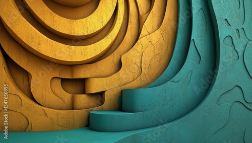 A navy blue background serves as the setting for a 3D rendering of an abstract design composed of stacked metal pieces