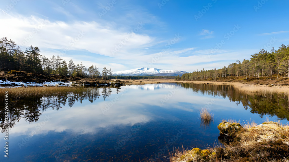 Fototapeta premium Panoramic Lake Reflecting Mountain Range Under Blue Sky With Trees And Vegetation