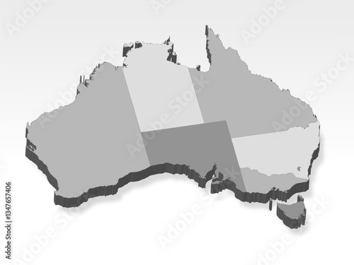 3D  Australia map with all regions in gray. Three dimensional map States of Australia with shadow on white background for your design, app, UI.  EPS10. 