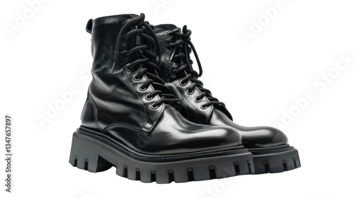 Pair of black leather boots with thick soles on transparent background