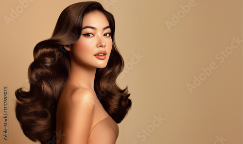 Beautiful asian Japanese model woman with shiny black and straight long hair . Keratin straightening . Treatment, care and spa procedures for hair . Chinese girl with smooth hairstyle