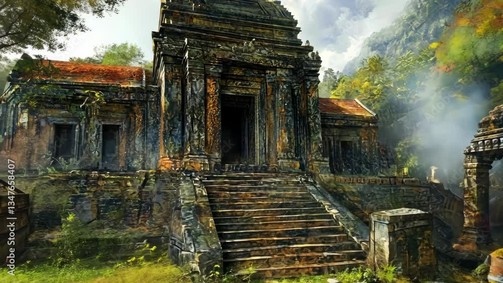 Ancient temple ruins surrounded by lush greenery and misty mountains during daytime exploration Ancient temple ruins surrounded by lush greenery and misty mountains during daytime exploration
