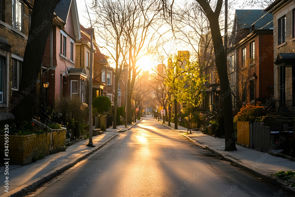 Street view of residential houses with trees and sunlight in the distance Street view of residential houses with trees and sunlight in the distance