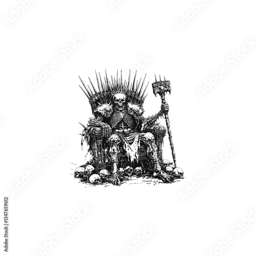 mighty executioner skull king sitting on a majestic throne design vector template illustration