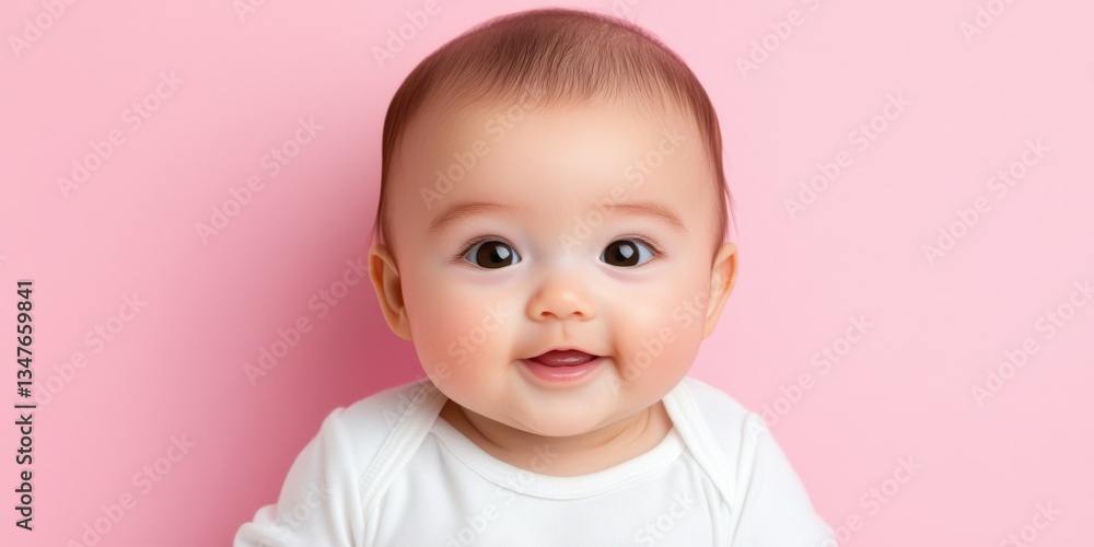 A baby is smiling and looking at the camera. The baby is wearing a white shirt A baby is smiling and looking at the camera. The baby is wearing a white shirt