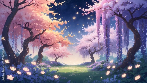 Dreamy twilight scene with pink & purple flowering trees, glowing flowers, and a soft light path