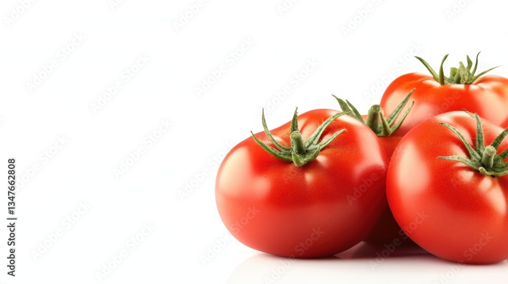 Ripe tomatoes with verdant stems resting on pristine surface, promising vibrant flavor and crisp summer freshness for culinary creations Ripe tomatoes with verdant stems resting on pristine surface, promising vibrant flavor and crisp summer freshness for culinary creations