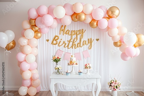 Luxurious Pink and Gold Birthday Celebration with Elegant Balloon Arch, Stylish Dessert Table, and Sophisticated Floral Arrangements