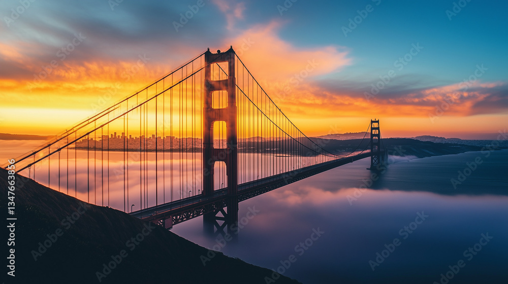 Fototapeta premium Often shrouded in the city's characteristic fog, the Golden Gate Bridge emerges as a majestic silhouette, its towers reaching skyward, a testament to its enduring grandeur. 