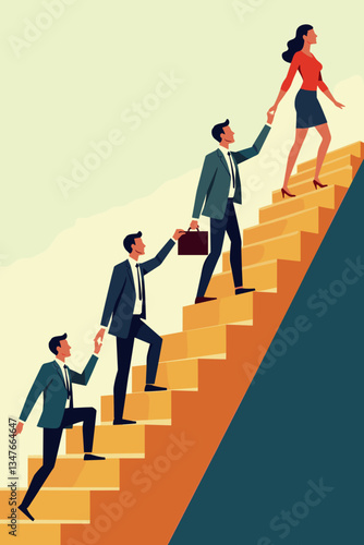 Stylish Business Team Ascending Career Ladder: Leadership & Collaboration, Modern Flat Vector Illustration for Success, Growth, and Teamwork Concepts, Mentorship and Progression.