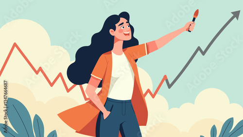 Driven Woman Charts Growth with Brush: Business Success Vector. Energetic female leader visualizing strategy, investment, goals and marketing achievement, up arrow.