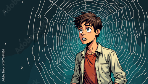 Cartoon Young Man Trapped in Spiderweb of Lies, Anxiety and Manipulation Illustration. Graphic Novel Style Person in a Dangerous Predicament Vector Image.